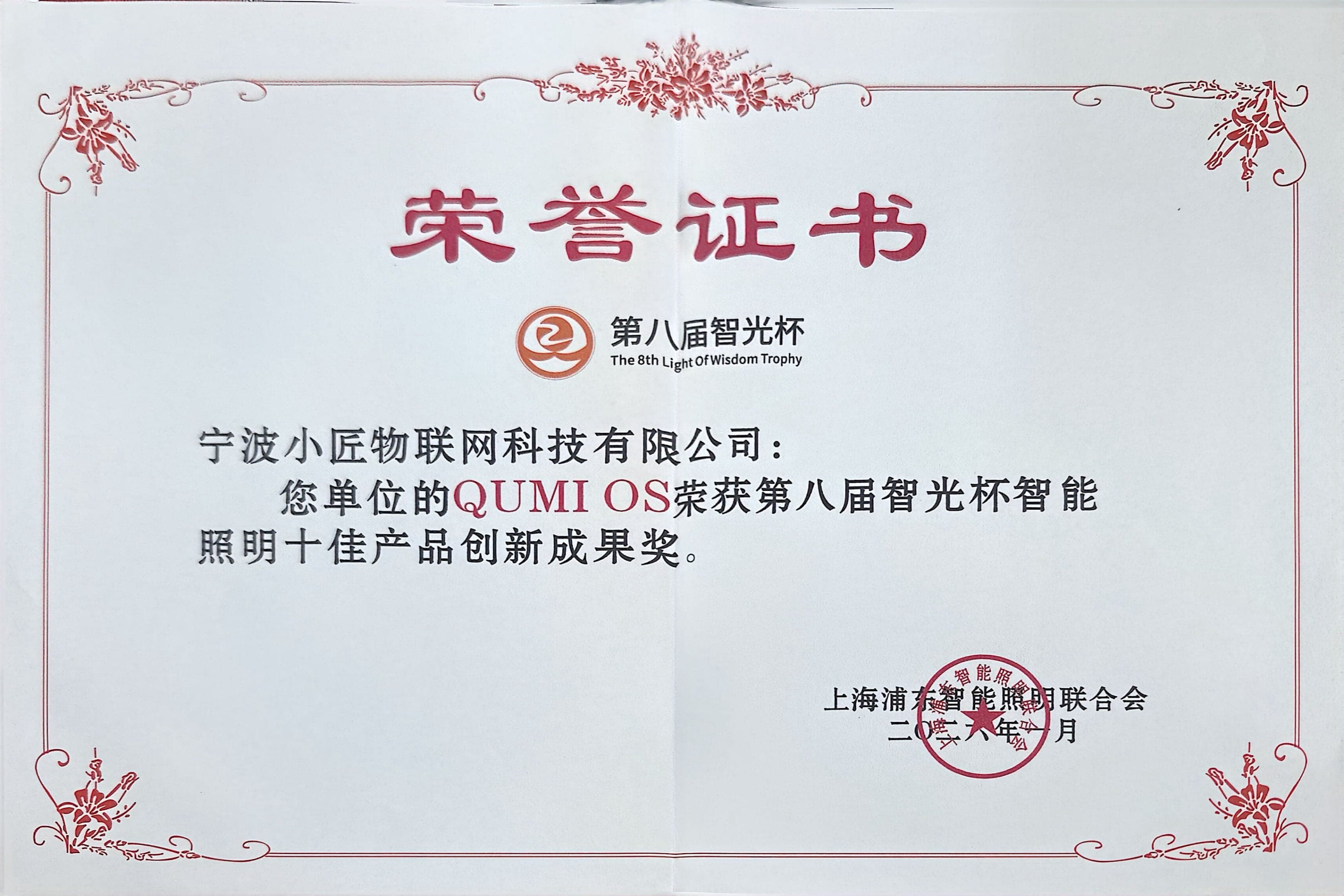 2026第八届智光杯 智能照明十佳产品创新成果奖证书