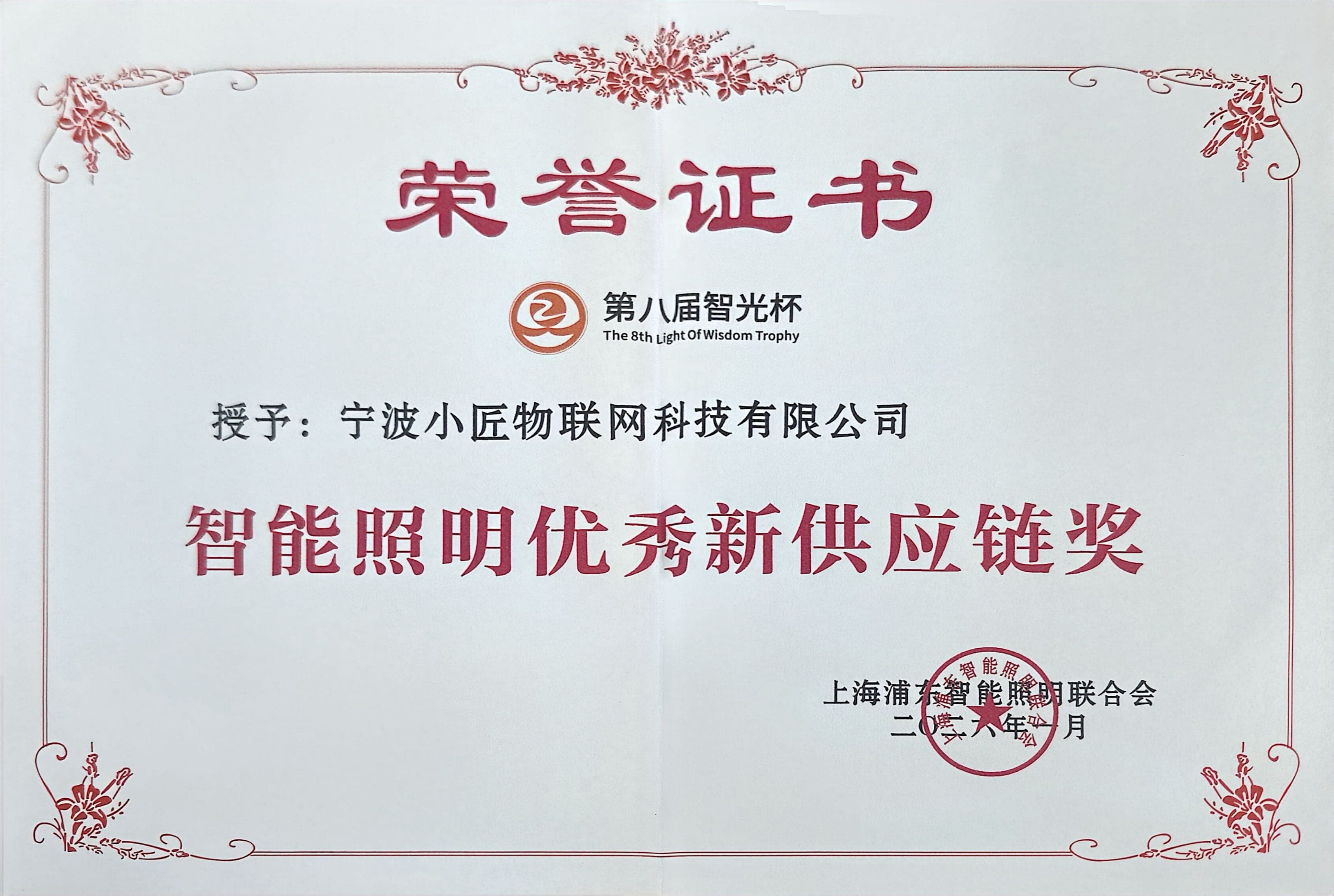 2026智能照明优秀新供应链奖证书