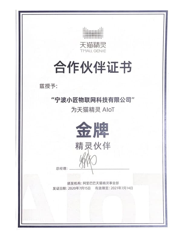 2021天猫精灵金牌合作伙伴证书