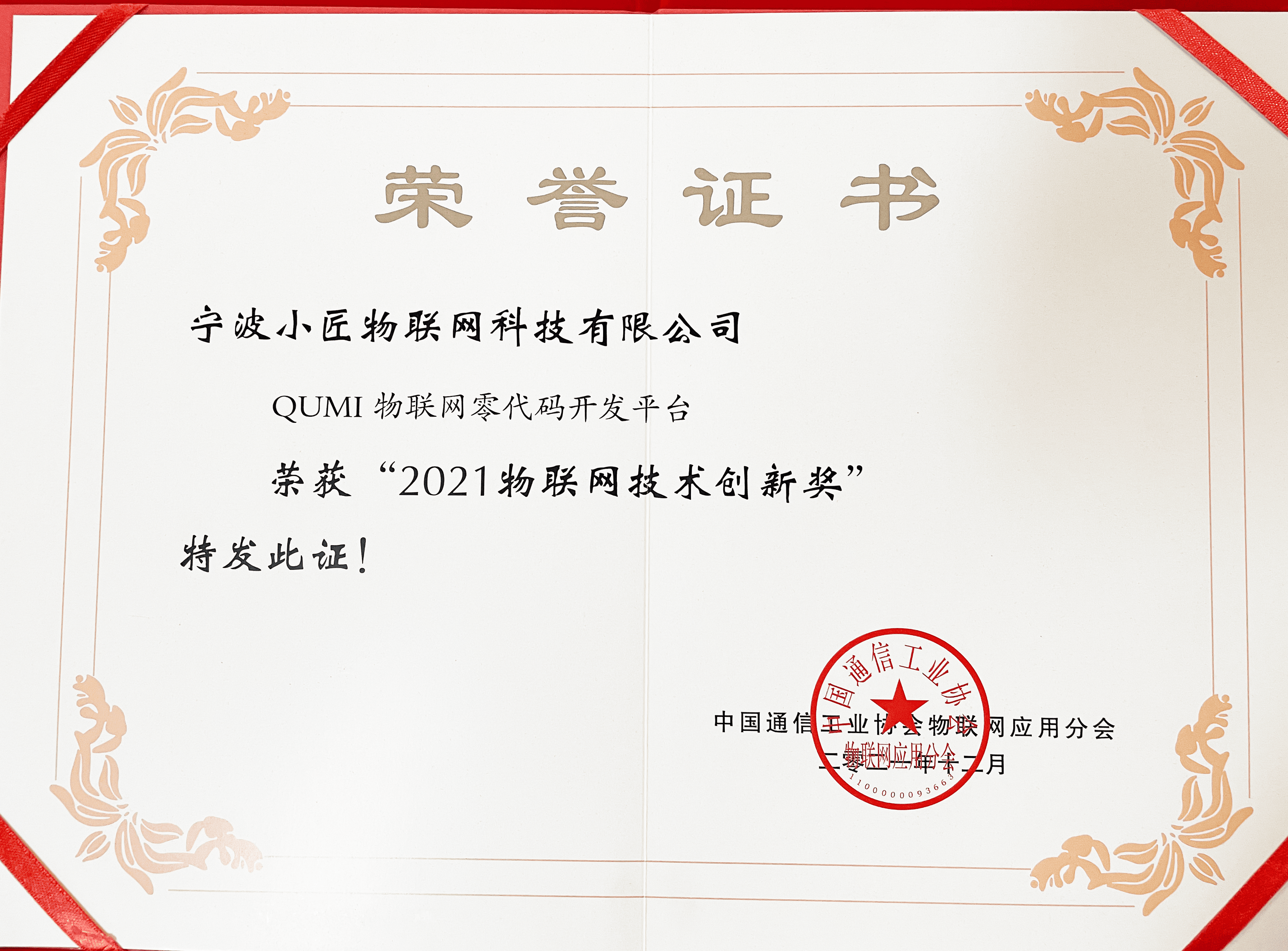 2021物联网创新奖证书